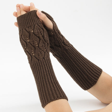 Winter Men and Women Knitted Jacquard Leaves Cycling Warm Fingerless Wool Gloves(Coffee)-garmade.com