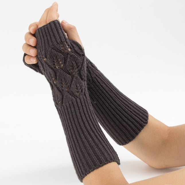 Winter Men and Women Knitted Jacquard Leaves Cycling Warm Fingerless Wool Gloves(Deep Gray)-garmade.com