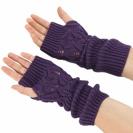 Winter Men and Women Knitted Jacquard Leaves Cycling Warm Fingerless Wool Gloves(Black)-garmade.com