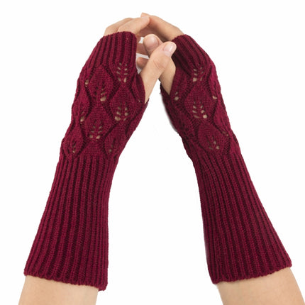 Winter Men and Women Knitted Jacquard Leaves Cycling Warm Fingerless Wool Gloves(Black)-garmade.com