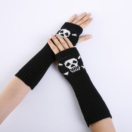 Jacquard Skull Fingerless Warm Gloves Knit Ski Gloves(Black)-garmade.com