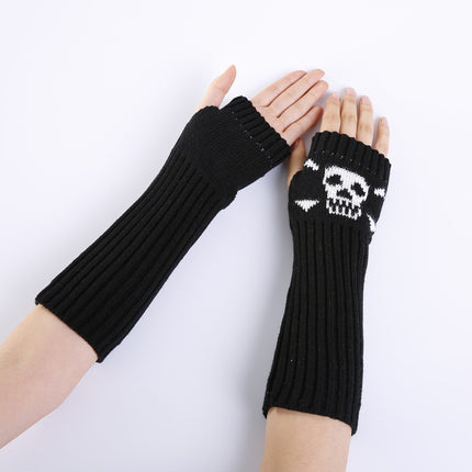 Jacquard Skull Fingerless Warm Gloves Knit Ski Gloves(Black)-garmade.com