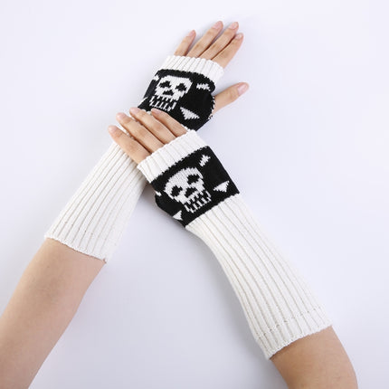 Jacquard Skull Fingerless Warm Gloves Knit Ski Gloves(White)-garmade.com