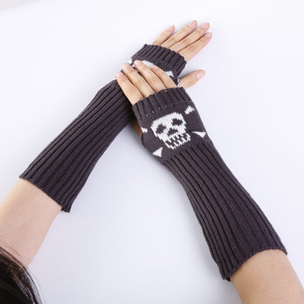Jacquard Skull Fingerless Warm Gloves Knit Ski Gloves(Deep Gray)-garmade.com