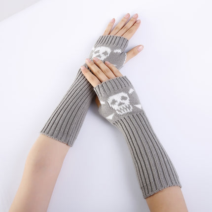 Jacquard Skull Fingerless Warm Gloves Knit Ski Gloves(Shallow Gray)-garmade.com