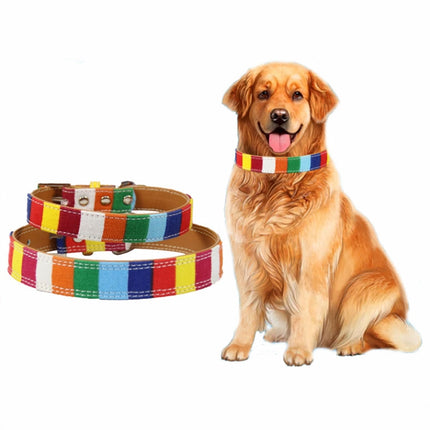 Canvas+PU Colorful Strip Pet Dog Collar M 2.0 x 40cm(Yellow)-garmade.com