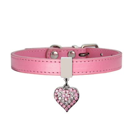 Heart Shaped Pendant PU Leather Dog Collar Pet Dog Leash, Size: XS 1.3-25cm(Pink)-garmade.com