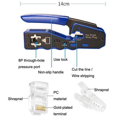 Rj45 8P Through-hole Crystal Head Connector Jacket Network Tool Stripping Wire Cable Pliers Set(Blue)-garmade.com