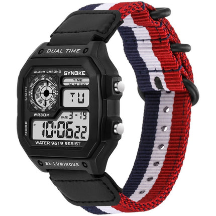 SYNOKE 9619C Nylon Canvas Strap Three-Ring Buckle Vintage Electronic Luminous Watch(Blue White Red)-garmade.com