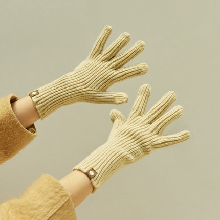 227-A0124 Wool Knit Striped Warm Touchscreen Gloves Winter Warm Cycling Gloves(Light Khaki)-garmade.com