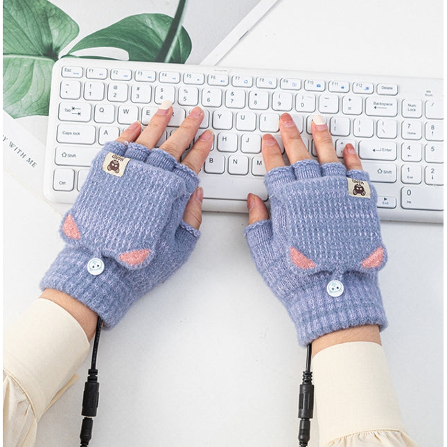 Winter Office USB Heating Warm Half Finger with Cover Gloves Heated Pad, Size: Free Size(Blue)-garmade.com