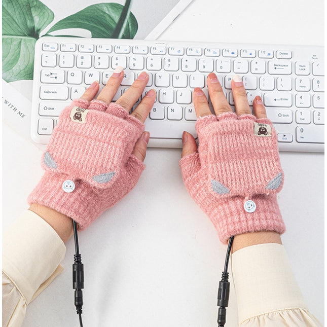 Winter Office USB Heating Warm Half Finger with Cover Gloves Heated Pad, Size: Free Size(Pink)-garmade.com