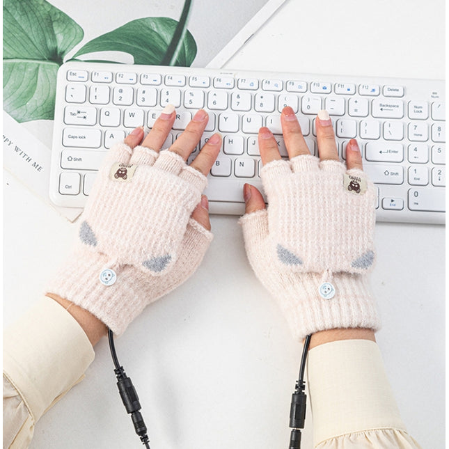 Winter Office USB Heating Warm Half Finger with Cover Gloves Heated Pad, Size: Free Size(Beige)-garmade.com