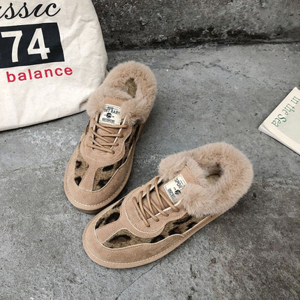 C18 Autumn and Winter Round Toe Leopard Print Fleece Warm Snow Boots, Size: 38(Beige)-garmade.com