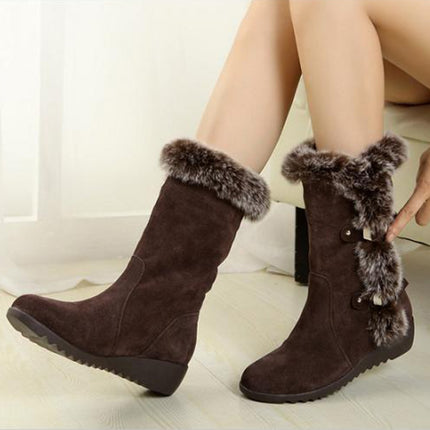 Women Mid-calf Snow Boots Thick-soled Faux Rabbit Fur Cotton Boots, Size: 35(Brown)-garmade.com