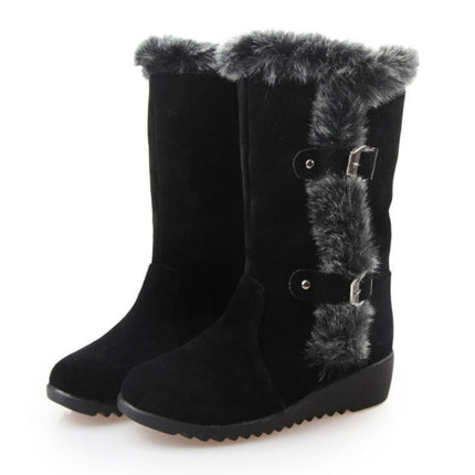 Women Mid-calf Snow Boots Thick-soled Faux Rabbit Fur Cotton Boots, Size: 42(Black)-garmade.com