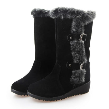 Women Mid-calf Snow Boots Thick-soled Faux Rabbit Fur Cotton Boots, Size: 35(Black)-garmade.com