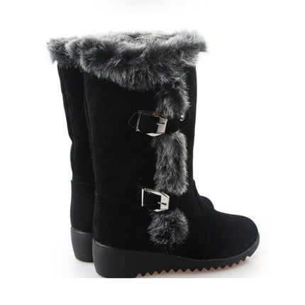 Women Mid-calf Snow Boots Thick-soled Faux Rabbit Fur Cotton Boots, Size: 41(Black)-garmade.com