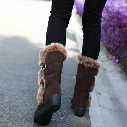 Women Mid-calf Snow Boots Thick-soled Faux Rabbit Fur Cotton Boots, Size: 38(Brown)-garmade.com