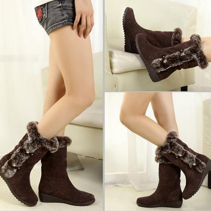 Women Mid-calf Snow Boots Thick-soled Faux Rabbit Fur Cotton Boots, Size: 42(Brown)-garmade.com