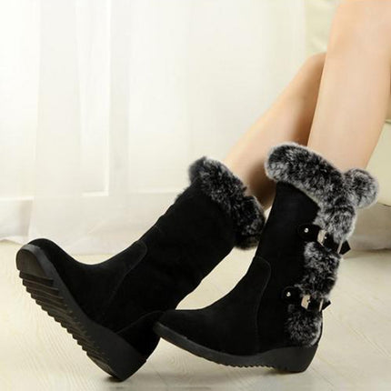 Women Mid-calf Snow Boots Thick-soled Faux Rabbit Fur Cotton Boots, Size: 40(Black)-garmade.com
