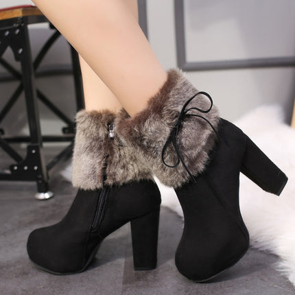 Autumn And Winter Thick High Heeled Padded Warm Suede Round Toe Boots, Size: 32(Black)-garmade.com