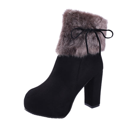 Autumn And Winter Thick High Heeled Padded Warm Suede Round Toe Boots, Size: 32(Black)-garmade.com