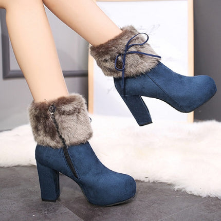 Autumn And Winter Thick High Heeled Padded Warm Suede Round Toe Boots, Size: 32(Blue)-garmade.com