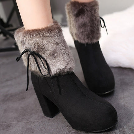 Autumn And Winter Thick High Heeled Padded Warm Suede Round Toe Boots, Size: 33(Black)-garmade.com