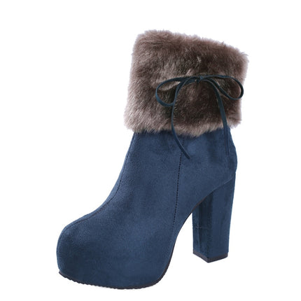Autumn And Winter Thick High Heeled Padded Warm Suede Round Toe Boots, Size: 33(Blue)-garmade.com