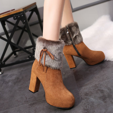 Autumn And Winter Thick High Heeled Padded Warm Suede Round Toe Boots, Size: 34(Camel)-garmade.com