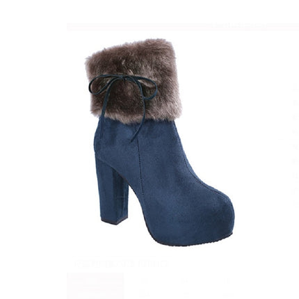 Autumn And Winter Thick High Heeled Padded Warm Suede Round Toe Boots, Size: 35(Blue)-garmade.com