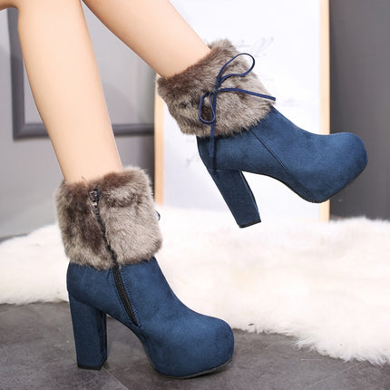 Autumn And Winter Thick High Heeled Padded Warm Suede Round Toe Boots, Size: 37(Blue)-garmade.com