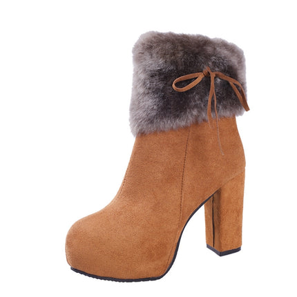 Autumn And Winter Thick High Heeled Padded Warm Suede Round Toe Boots, Size: 41(Camel)-garmade.com