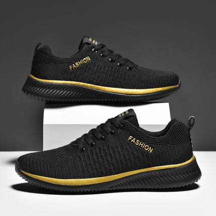 JD-9088 Autumn Fly Woven Soft Bottom Men Leisure Shoes Couple Running Shoes, Size: 37(Black Gold)-garmade.com