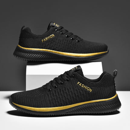 JD-9088 Autumn Fly Woven Soft Bottom Men Leisure Shoes Couple Running Shoes, Size: 38(Black Gold)-garmade.com