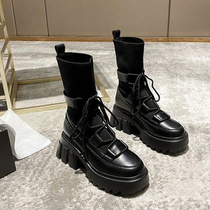 Women Martin Boots Round Toe Sock Boots, Size: 35(Black)-garmade.com