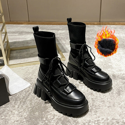 Women Martin Boots Round Toe Sock Boots, Size: 35(Black With Velvet)-garmade.com