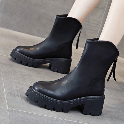 Women Short Boots Mid-calf Leather Thick Bottom Martin Boots, Size: 34(Black)-garmade.com