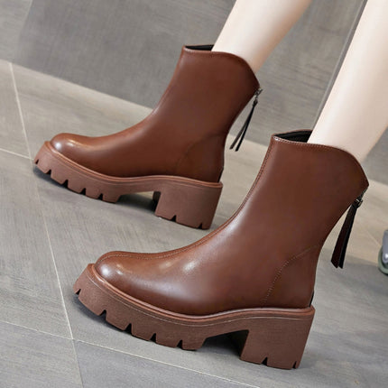 Women Short Boots Mid-calf Leather Thick Bottom Martin Boots, Size: 34(Brown)-garmade.com