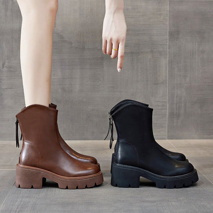 Women Short Boots Mid-calf Leather Thick Bottom Martin Boots, Size: 34(Black)-garmade.com