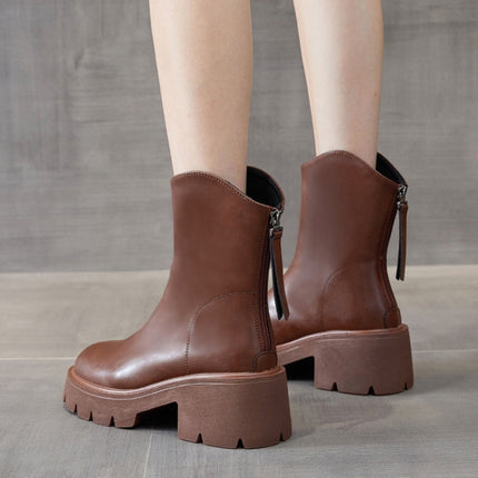 Women Short Boots Mid-calf Leather Thick Bottom Martin Boots, Size: 40(Brown)-garmade.com