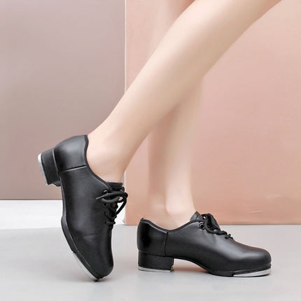 Beginners Straight Bottom Tap Shoes Black Imitation Leather Soft Bottom Shoes, Size: 34(Lace-up)-garmade.com