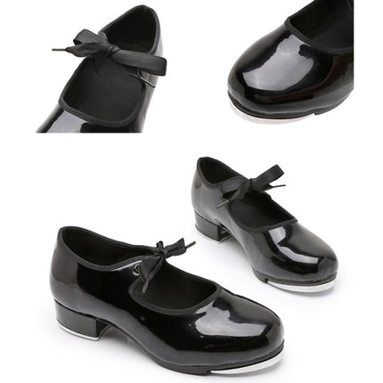 Beginners Straight Bottom Tap Shoes Black Imitation Leather Soft Bottom Shoes, Size: 34(Bright Leather)-garmade.com