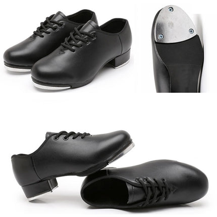 Beginners Straight Bottom Tap Shoes Black Imitation Leather Soft Bottom Shoes, Size: 35(Lace-up)-garmade.com