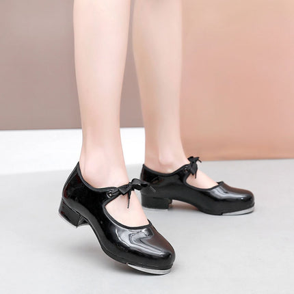 Beginners Straight Bottom Tap Shoes Black Imitation Leather Soft Bottom Shoes, Size: 38(Bright Leather)-garmade.com