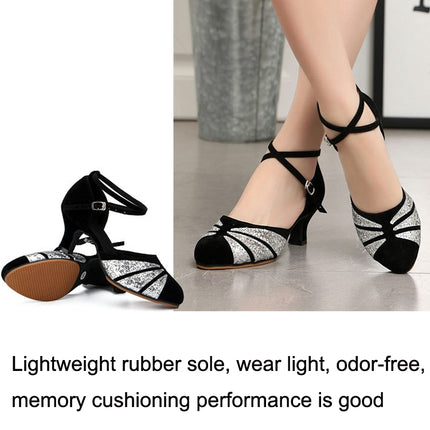 Soft Bottom Female Latin Dance Shoes Summer Sandals, Size: 40(5cm Black Silver)-garmade.com