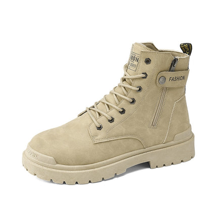 Men Martin Boots Motorcycle Leather Boots High Top Work Boots, Size: 39(XFS-8606 Khaki)-garmade.com
