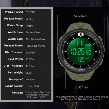 SYNOKE 9648-B Men Outdoor Waterproof Luminous Sports Electronic Watch(Black)-garmade.com