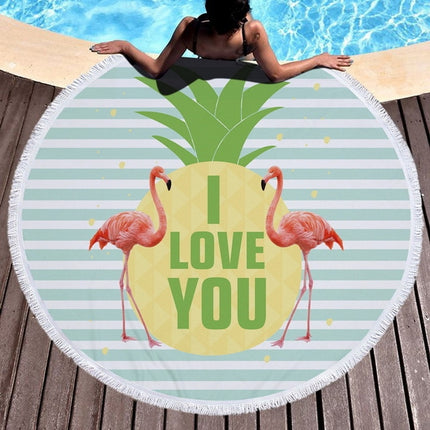 Printed Round Beach Towel Yoga Mat with Tassel, Size:150x150cm(Flamingo + Letters)-garmade.com